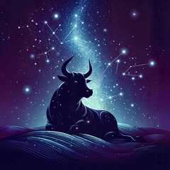 Relaxed bull silhouetted against a starry sky, with constellations above, representing Taurus in a cosmic setting