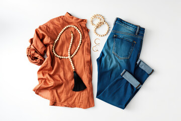 Stylish Autumn Outfit Flat Lay Featuring Rust-Colored Blouse, Dark Wash Denim Jeans, and Wooden Accessories on a Clean White Background for Inspiration