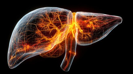 Anatomical liver illustration with veins and arteries glowing on a dark background showing detail
