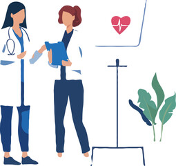 Healthcare Professionals Collaborating on Patient Care with Heart Monitor Displaying Vitals and Decorative Plant Symbolizing Growth and Healing