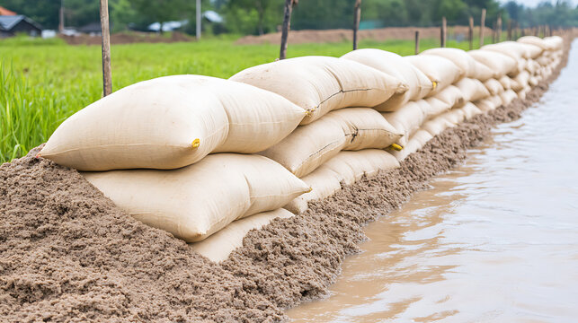 Sandbag Flood Defense: A sturdy barrier of sandbags effectively holds back floodwaters, safeguarding low-lying areas and infrastructure against inundation.