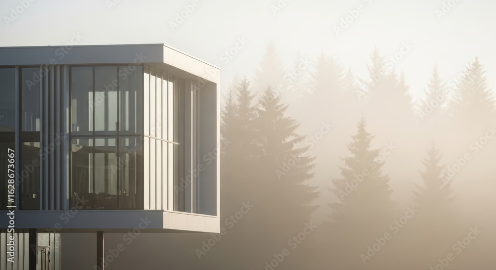 Poster a modern architectural building set against a backdrop of a forest with atmospheric fog