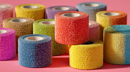 A colorful array of self adhesive bandage rolls displayed on a pink surface in a studio setting