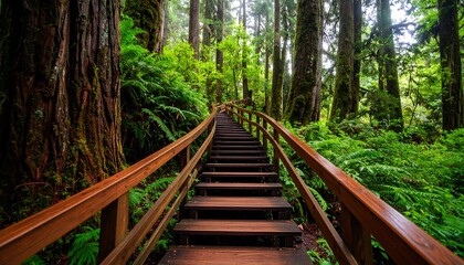 Walking Wooden Stairway Through a Lush Green Forest