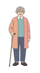 Obraz premium Full body illustration of a gentle elderly woman with glasses and a walking cane. Senior citizen character design concept.