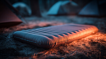 A camping mattress lying on the ground with tents visible in the blurred background at night time