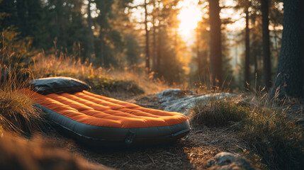 Orange sleeping pad on forest floor with sunlight shining through the trees in the background view outdoors