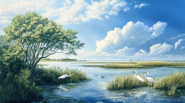 Tranquil marsh scene with egrets and lush vegetation.