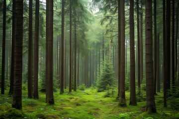 Obraz premium The combination of lush green forest scenery and a hazy atmosphere results in a serene and mysterious woodland landscape