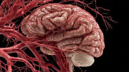 Anatomical rendering of a human brain with its vascular system against a black background space