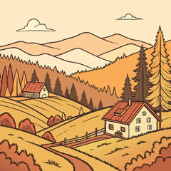 Autumn countryside landscape with traditional houses, farms, village, hills, forests and mountains in the background. illustration