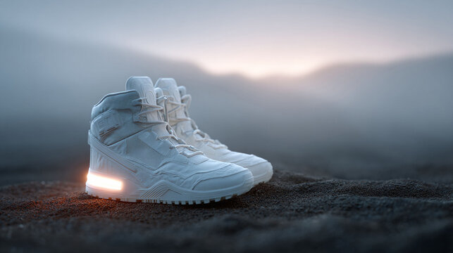 Futuristic boots on misty ground, symbolic of exploration and innovation. Ideal for ads on advanced tech, sports equipment, or adventurous lifestyles.