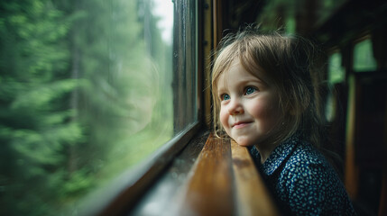 A young girl with blonde hair looking out a train window at passing trees with a happy expression