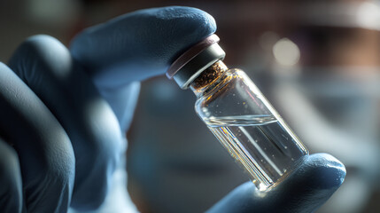 A close up shot of a gloved hand holding a clear vial filled with liquid in a laboratory setting