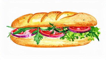 Watercolor painting of crispy artisan baguette with fresh vegetables and herbs. Tasty fast food.