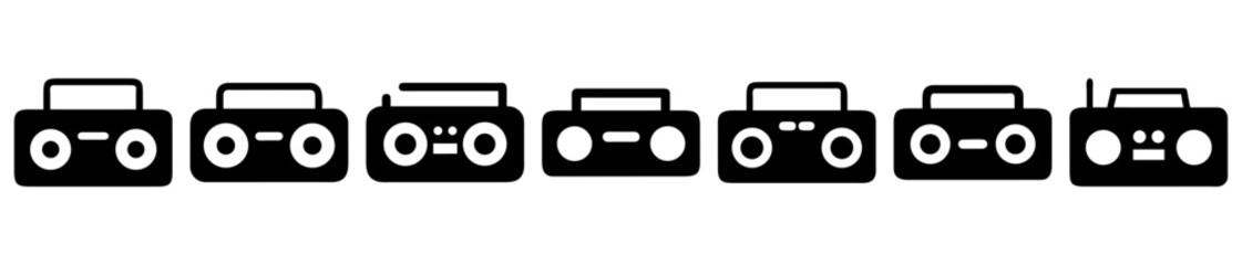 Collection of Black and White Boombox Icons Representing Vintage Audio Technology