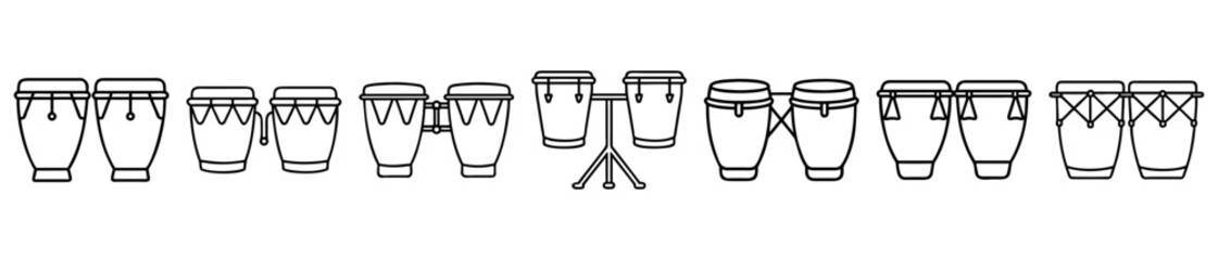 Collection of Various Percussion Instruments including Congas, Bongos, and Timbales Line Art