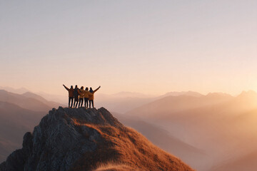 Team celebrates on a mountain peak, arms raised against a beautiful sunset. Symbolizes achievement, teamwork, and success. Great for leadership, motivation and travel concepts.