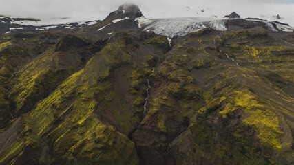 Aerial View of Moss Covered Volcanic Ridges and Glacier in Iceland