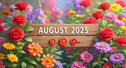 August 2025 Floral Garden | Calendar Date on Wooden Sign Surrounded by Colorful Flowers for Schedules, Reminders and Gardening Promotions