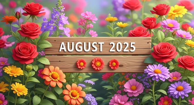 August 2025 Floral Garden | Calendar Date on Wooden Sign Surrounded by Colorful Flowers for Schedules, Reminders and Gardening Promotions