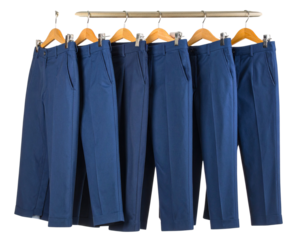 Untitled design - Classic Dress Pants Draped on Wooden Hanger, Side View with Natural Folds, Transparent Background (2)