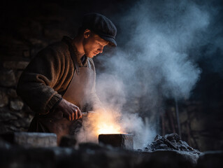 Artisan blacksmith working with hot metal. Skilled craftsman shaping iron in a workshop.  Concept dedication, hard work, tradition, craftsmanship, and heritage.
