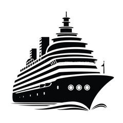 Vector illustration of black and white illustration of a large cruise ship sailing on wavy water, isolated on white background