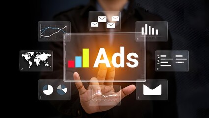 Person interacting with a digital interface displaying advertising analytics and data visualization