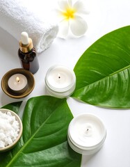Spa essentials arrangement with candles, leaves, and towel