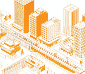 Isometric Cityscape with Modern Architecture and Elevated Train System Urban Planning and Transportation Illustration in Orange and White
