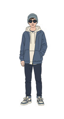 Stylish young man in a blue hoodie, beanie, and sunglasses. Full body illustration of modern street fashion.