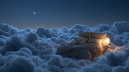 A dreamy bed floating on clouds under a starry night sky with a crescent moon and bedside lamp glowing