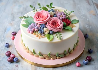 White birthday cake decorated with fresh flowers and berries
