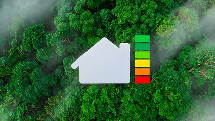 Eco friendly house symbol with energy efficiency rating scale on green moss background