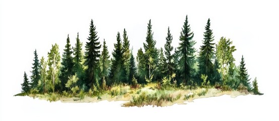 Fototapeta premium A treeline of green evergreen fir pine and spruce trees is isolated on a transparent background as a stock image