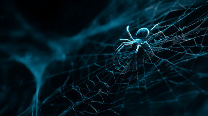 A spider perched on its intricate web illuminated with a blueish hue in a dark environment