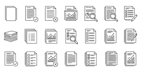 Fototapeta premium Vector art of collection of document icons representing various aspects of paperwork, analysis, and workflow isolated on white background