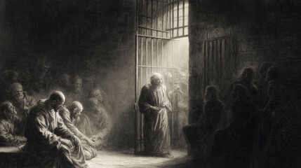 Dark, evocative image of people in a prison setting. Depicts themes of confinement, hope, and faith. Ideal for illustrating stories of resilience, struggle, or social commentary.