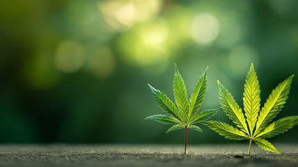 Close up of two cannabis leaves with a blurred green background in a nature setting outdoors