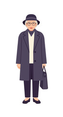 Obraz premium Stylish senior woman in a dark coat and hat. Full-length vector illustration of an elegant elderly lady with glasses and a handbag.