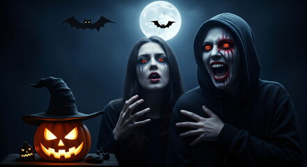 Two women with scary makeup and red eyes on Halloween night with pumpkin and bats. Spooky costume party concept design.