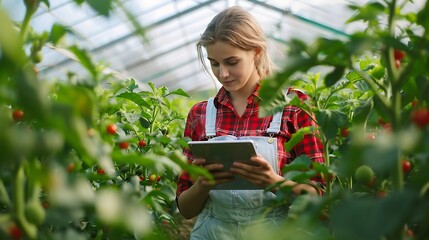 Woman using tablet in greenhouse inspecting tomato plants for growth and health monitoring farm technology