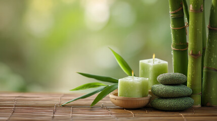 A serene spa scene featuring green candles stones bamboo and leaves on a bamboo mat with soft lighting