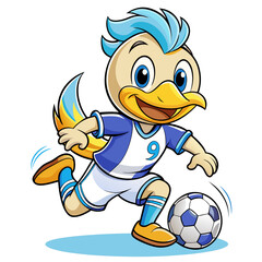 Happy cartoon duck character playing soccer wearing a blue and white uniform