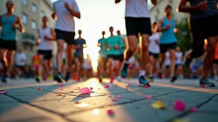 Starting line of urban city marathon. Crowd of participants run past camera towards finish. Healthy athletic running event. Paper confetti on floor. Marathon runners in Barcelona.