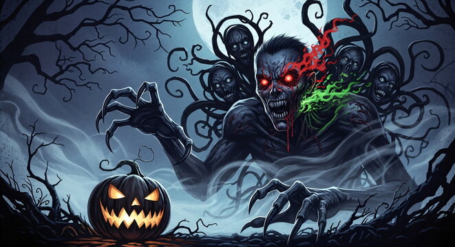 Scary zombie and a carved pumpkin under a full moon. Dark Halloween night concept for party invitation and decoration.