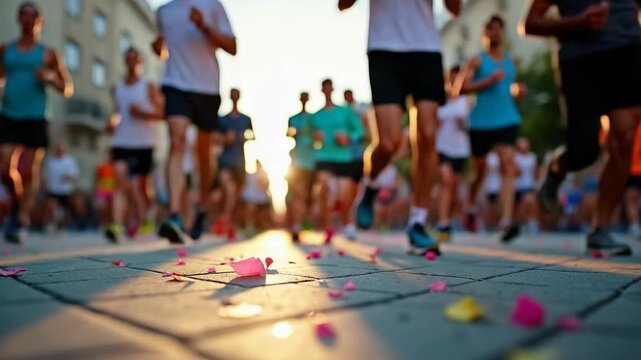 Starting line of urban city marathon. Crowd of participants run past camera towards finish. Healthy athletic running event. Paper confetti on floor. Marathon runners in Barcelona.