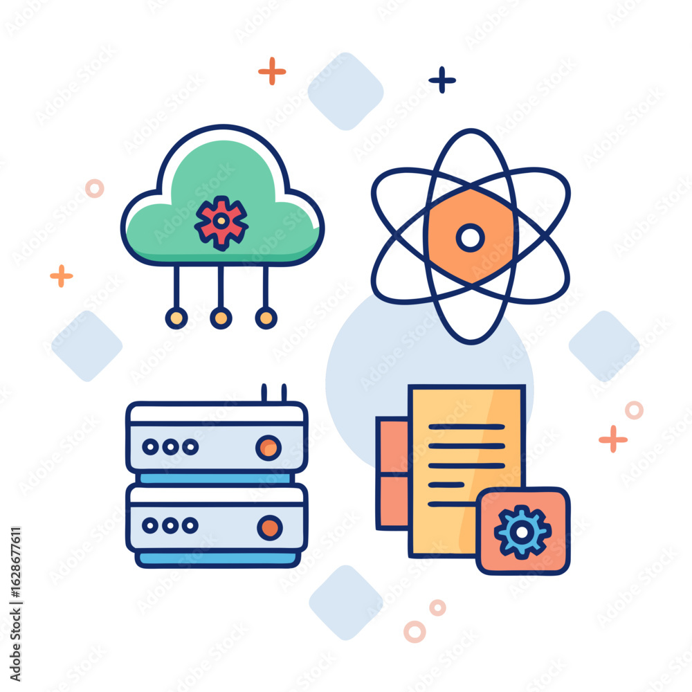 Poster abstract technology icons representing cloud computing data storage and scientific research concepts