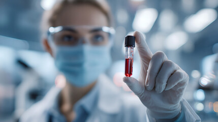 A medical professional holding a vial of blood in a lab with protective gear and a face mask on